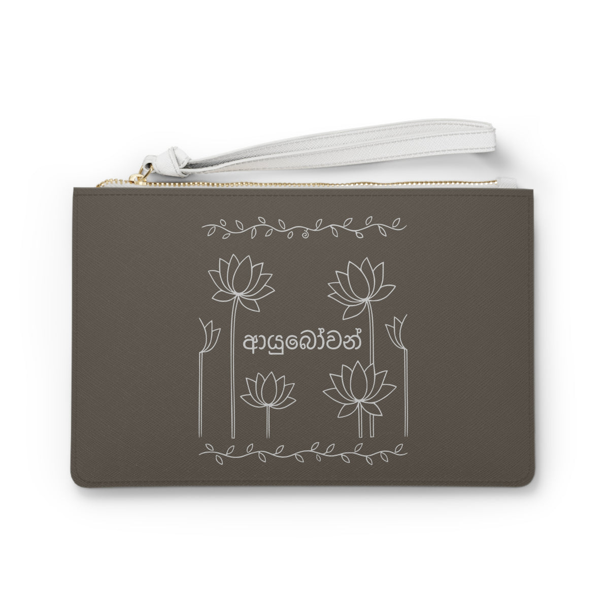Sinhala Ayubowan Brown Wristlet Sri Lankan Lotus Clutch Bag