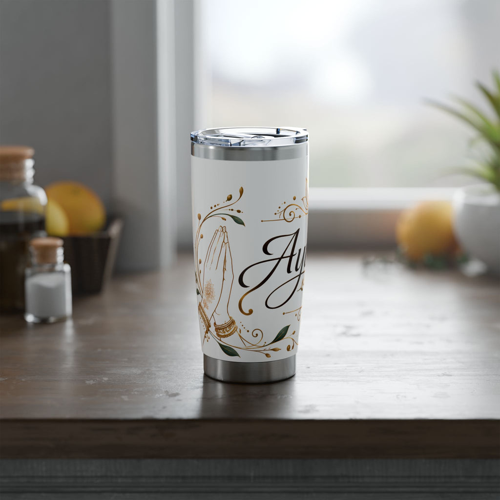 Ayubowan Sri Lankan Welcome Tumbler Gold Lotus Filigree 20oz Stainless Steel Travel Mug