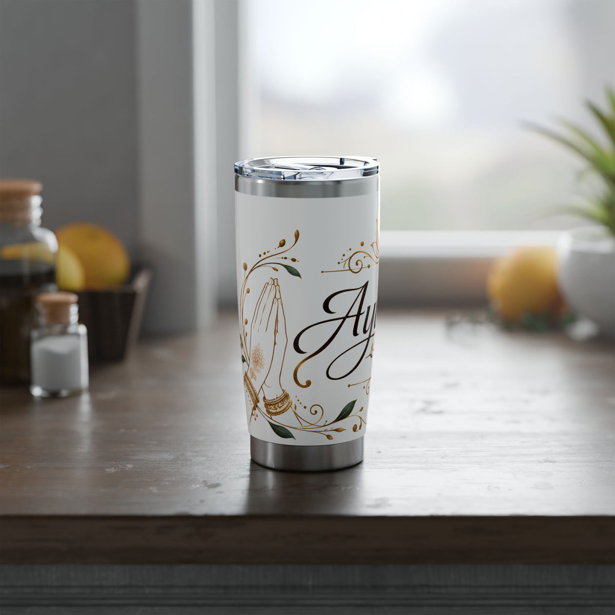 Ayubowan Sri Lankan Welcome Tumbler Gold Lotus Filigree 20oz Stainless Steel Travel Mug