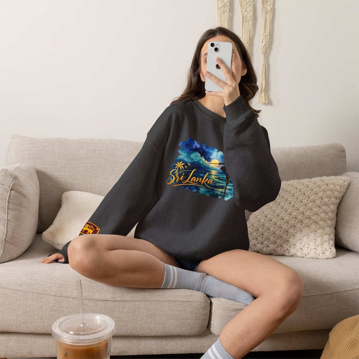 Sri Lanka Surf Crewneck Sweatshirt - Watercolor Stilt Fisherman Graphic