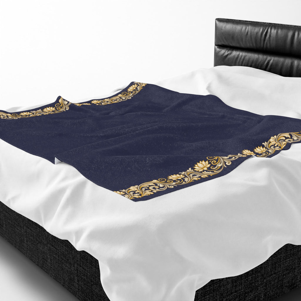 Navy & Gold Floral Border Velveteen Plush Blanket