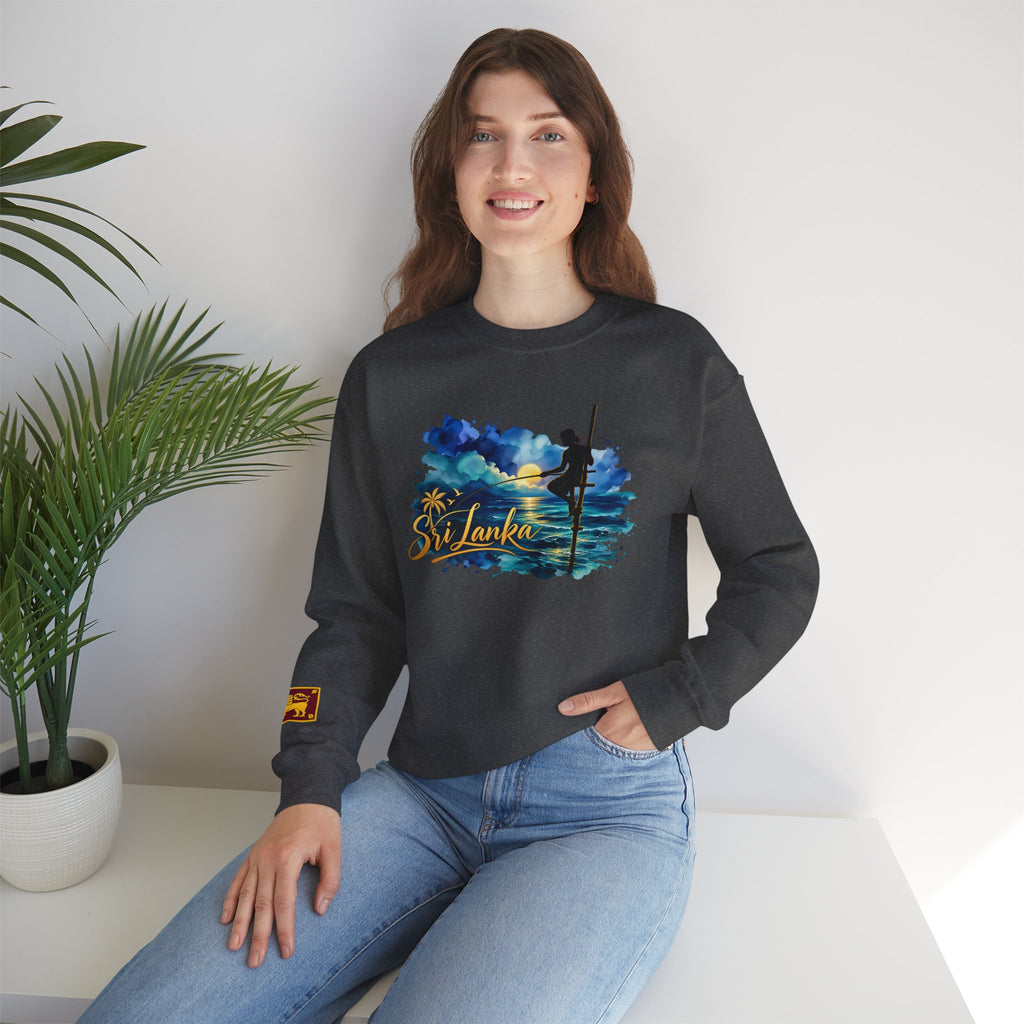 Sri Lanka Surf Crewneck Sweatshirt - Watercolor Stilt Fisherman Graphic