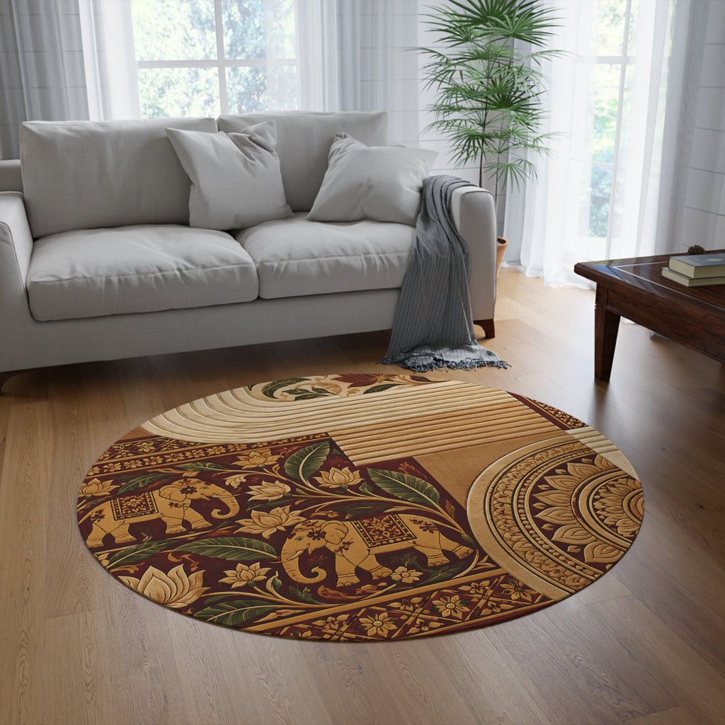 Sri Lankan Elephant Round Rug | Burgundy & Gold Heritage