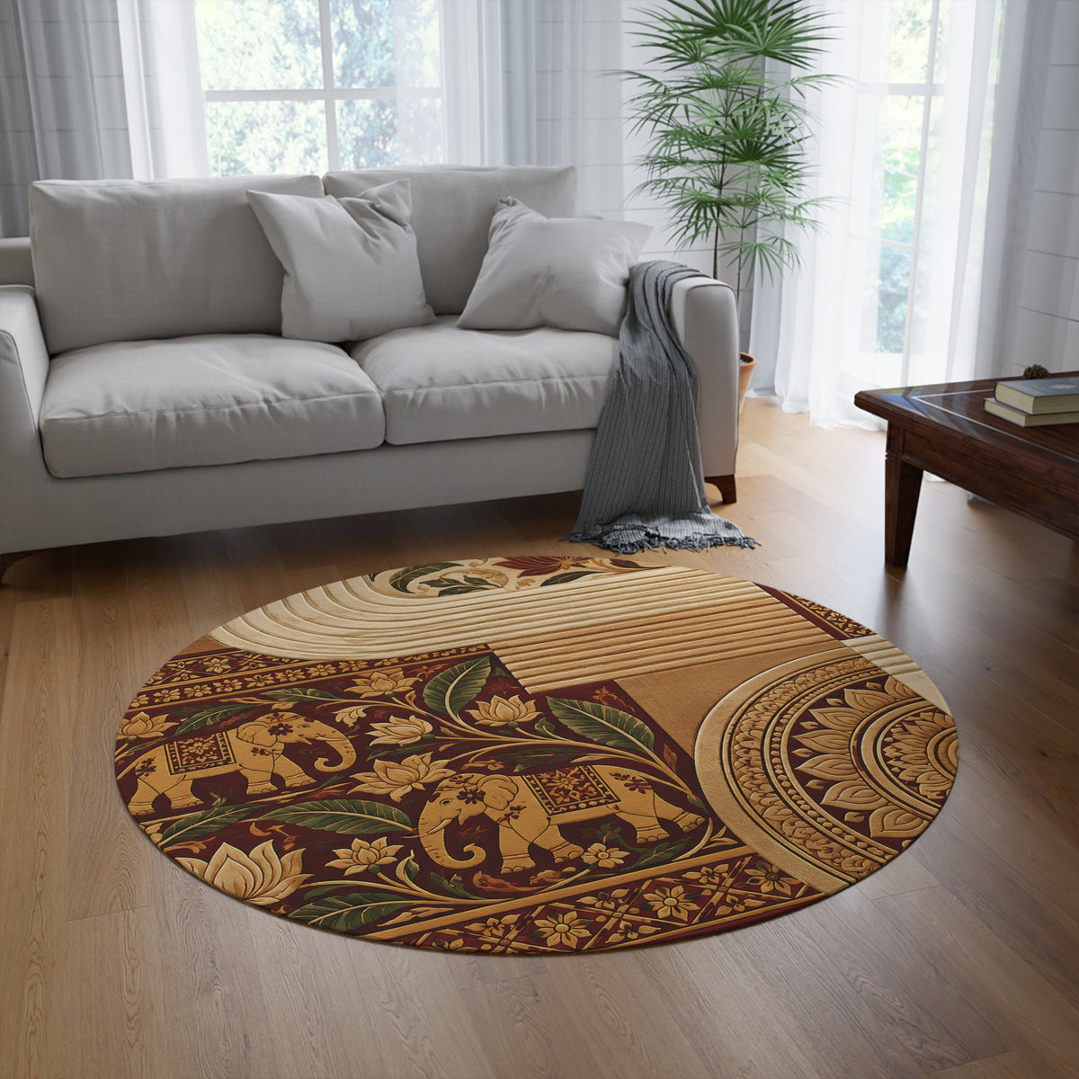 Sri Lankan Elephant Round Rug | Burgundy & Gold Heritage