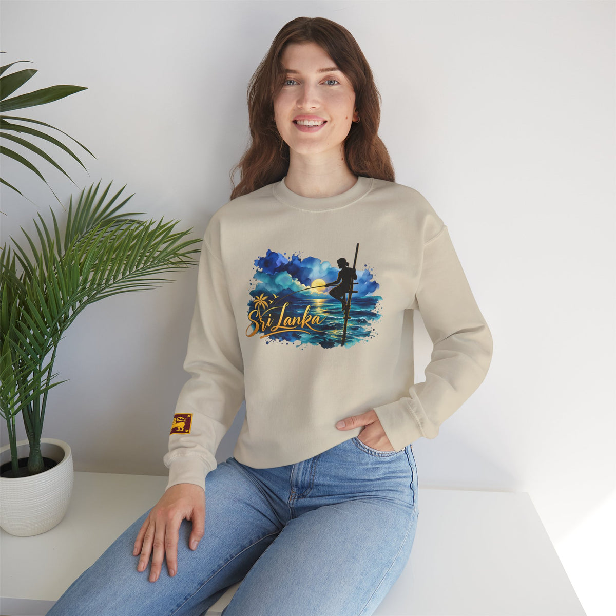Sri Lanka Surf Crewneck Sweatshirt - Watercolor Stilt Fisherman Graphic