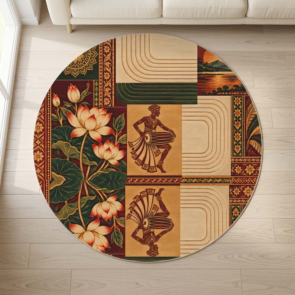 Sri Lankan Lotus & Traditional Drummer Round Rug
