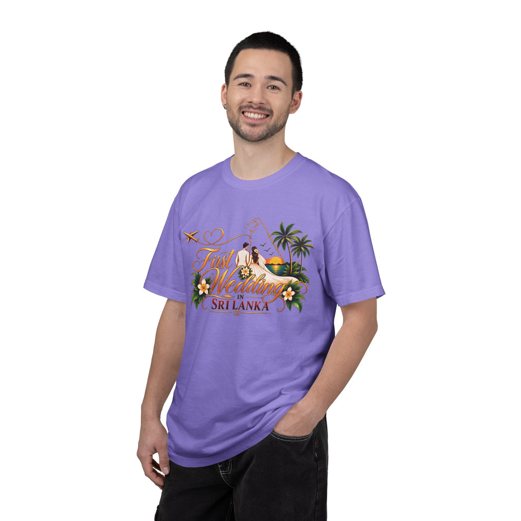 Sri Lanka Destination Wedding T-Shirt — "First Wedding Sri Lanka" Couple Tee (Roshini & Rohan 2026)