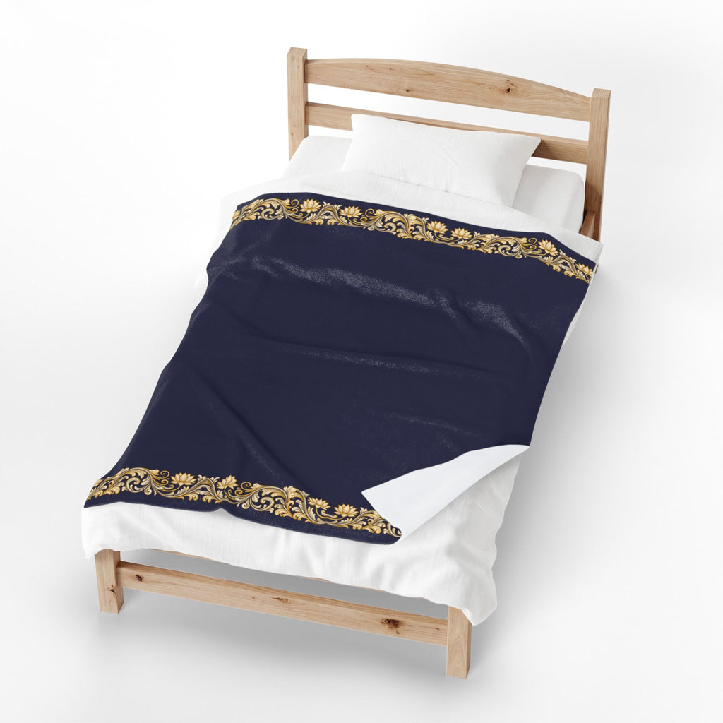 Navy & Gold Floral Border Velveteen Plush Blanket