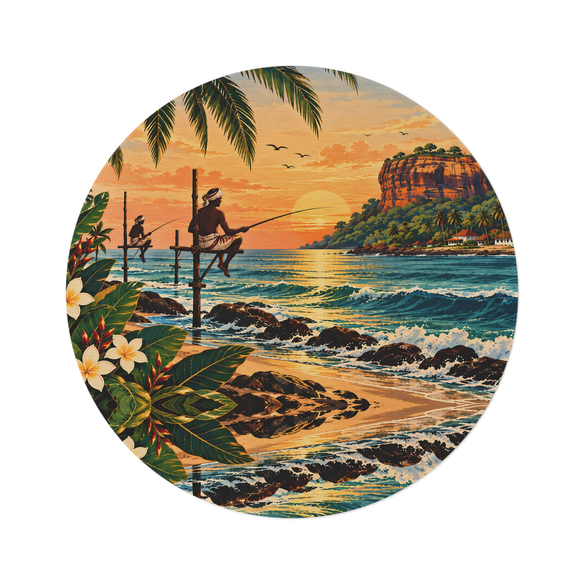 Sri Lanka Sunset Round Rug – Stilt Fisherman