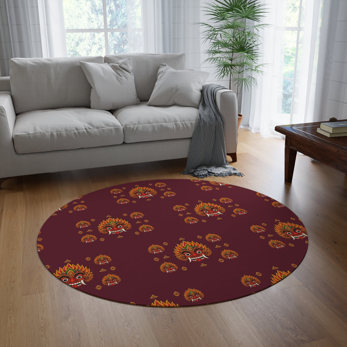 Raksha Mask Round Rug Deep Burgundy