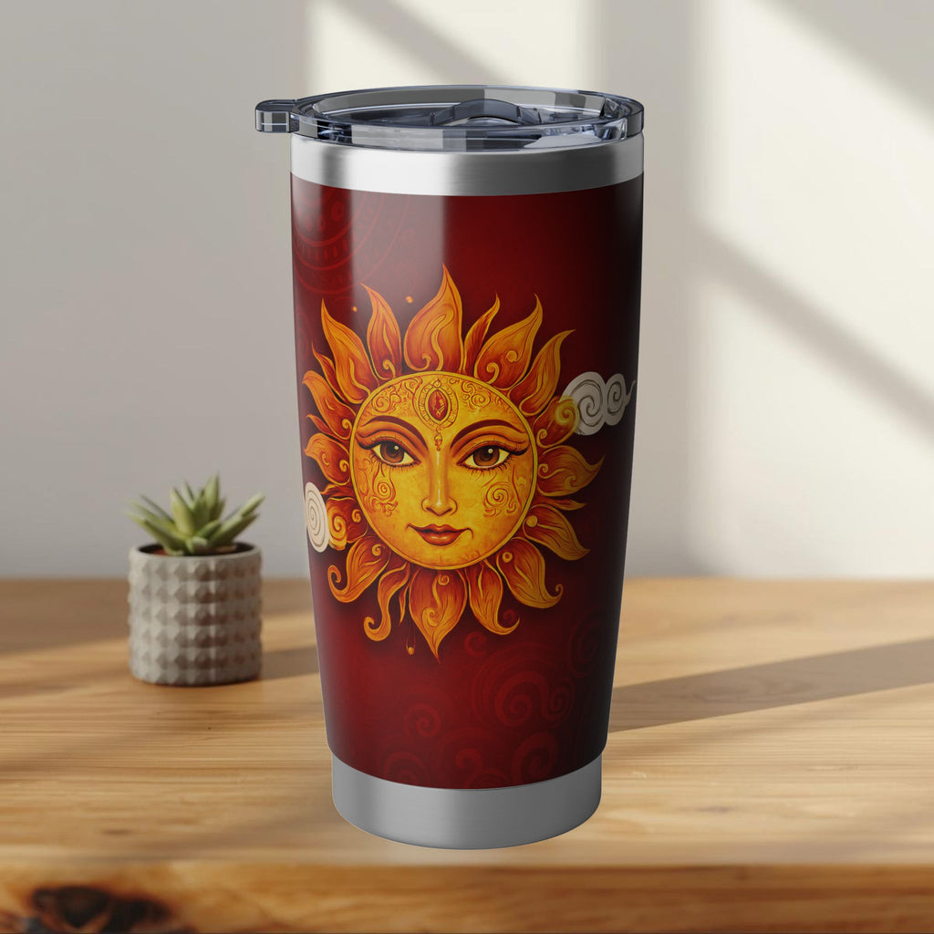 Ceylon Sun Face Tumbler Crimson & Gold Surya Design | 20oz Stainless Steel Travel Mug | Ceylon Culture Vibes
