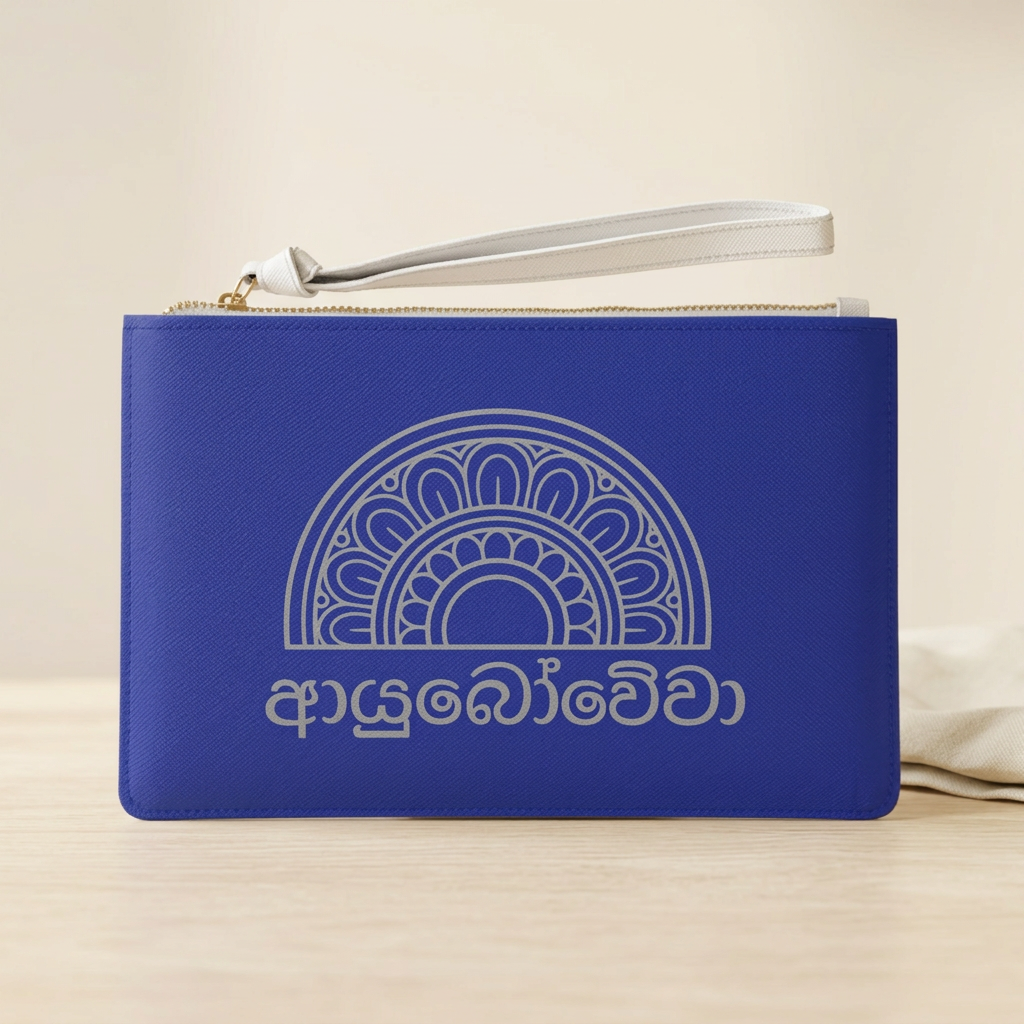 Sri Lankan Sinhala Script Clutch Bag | Cobalt Blue Wristlet