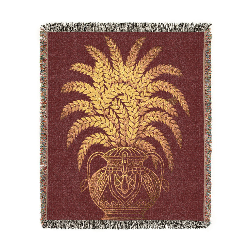 Punkalasa Woven Throw Blanket Sri Lankan Heritage Burgundy Gold Cotton Fringe Blanket