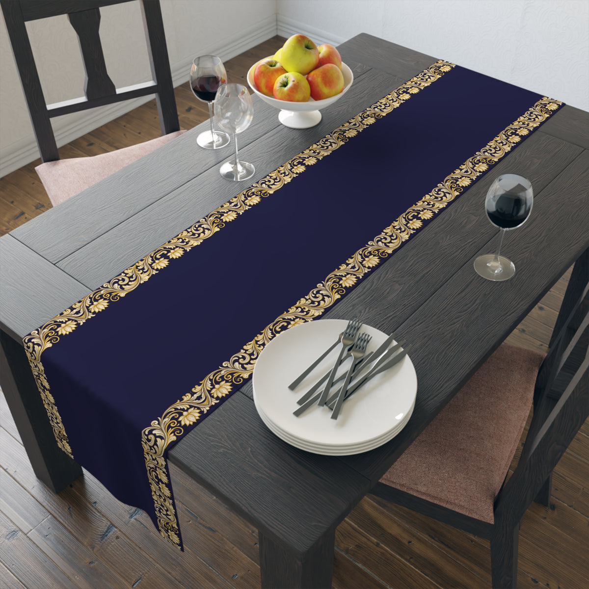 Navy & Gold Baroque Table Runner | Elegant Dining Décor