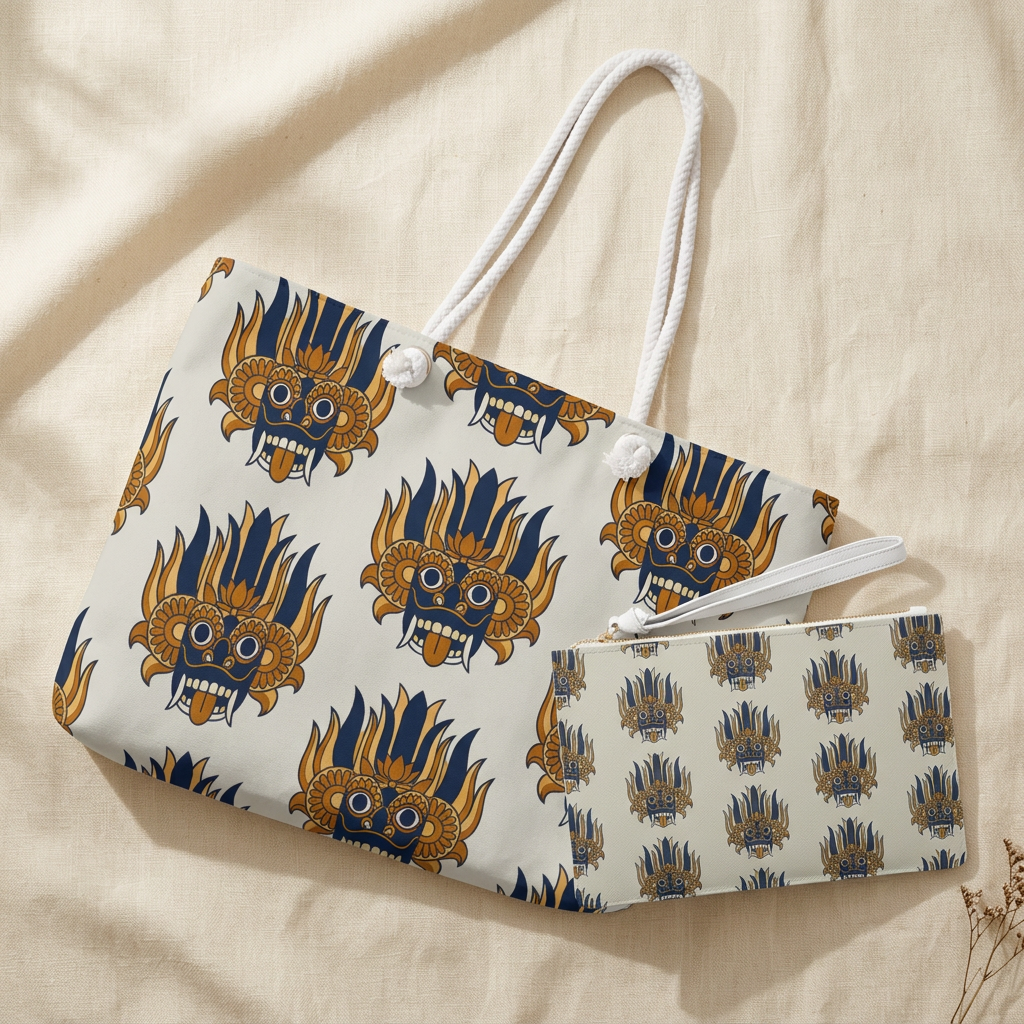 Sri Lankan Raksha Mask Clutch Bag Navy & Gold Wristlet