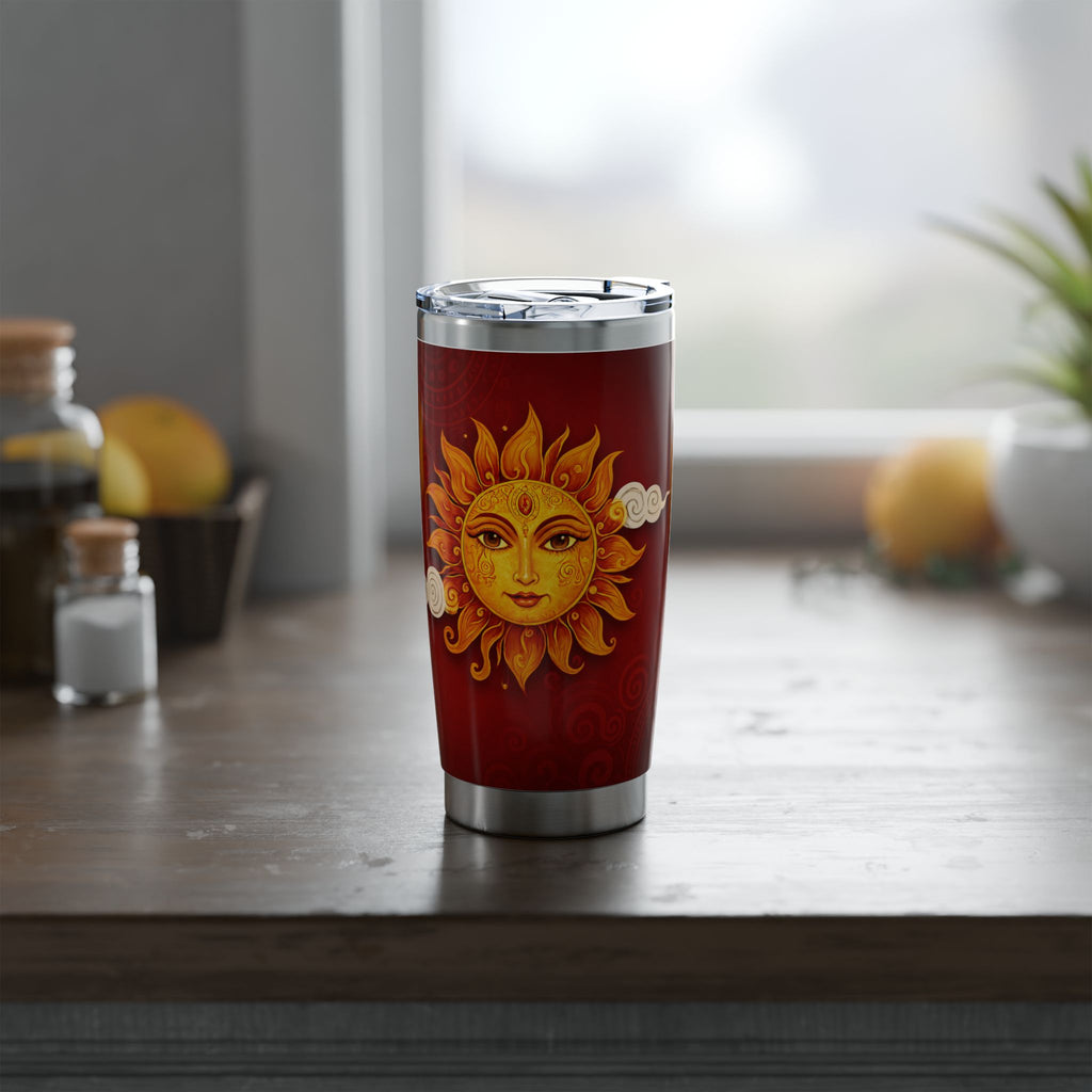 Ceylon Sun Face Tumbler Crimson & Gold Surya Design | 20oz Stainless Steel Travel Mug | Ceylon Culture Vibes
