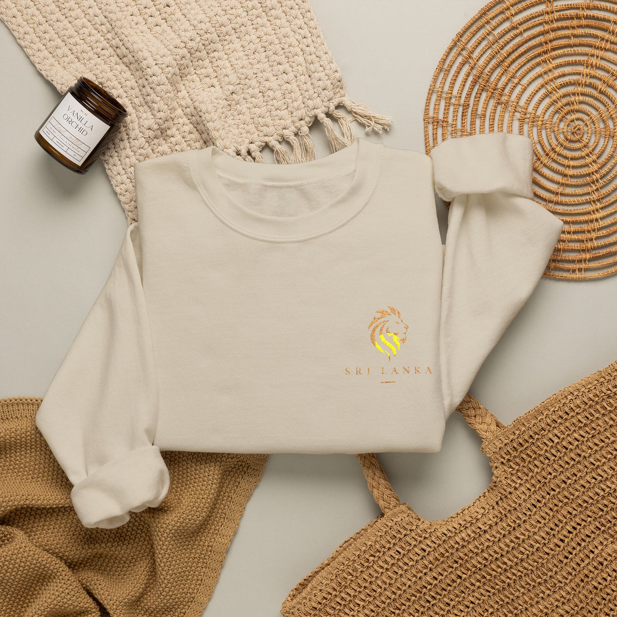 Embroideredlion face srilanka flag Minimal Palm Crest Sweatshirt — Small Tropical Logo Crewneck