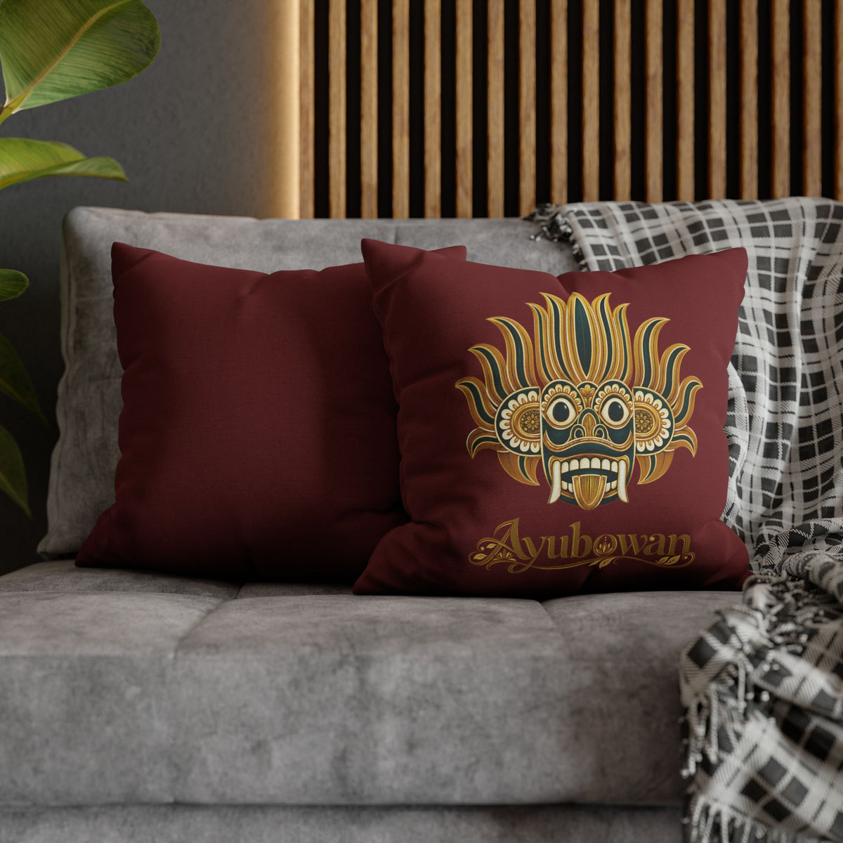 Ayubowan Mask Cushion Cover Maroon Sri Lankan Gift Pillowcase