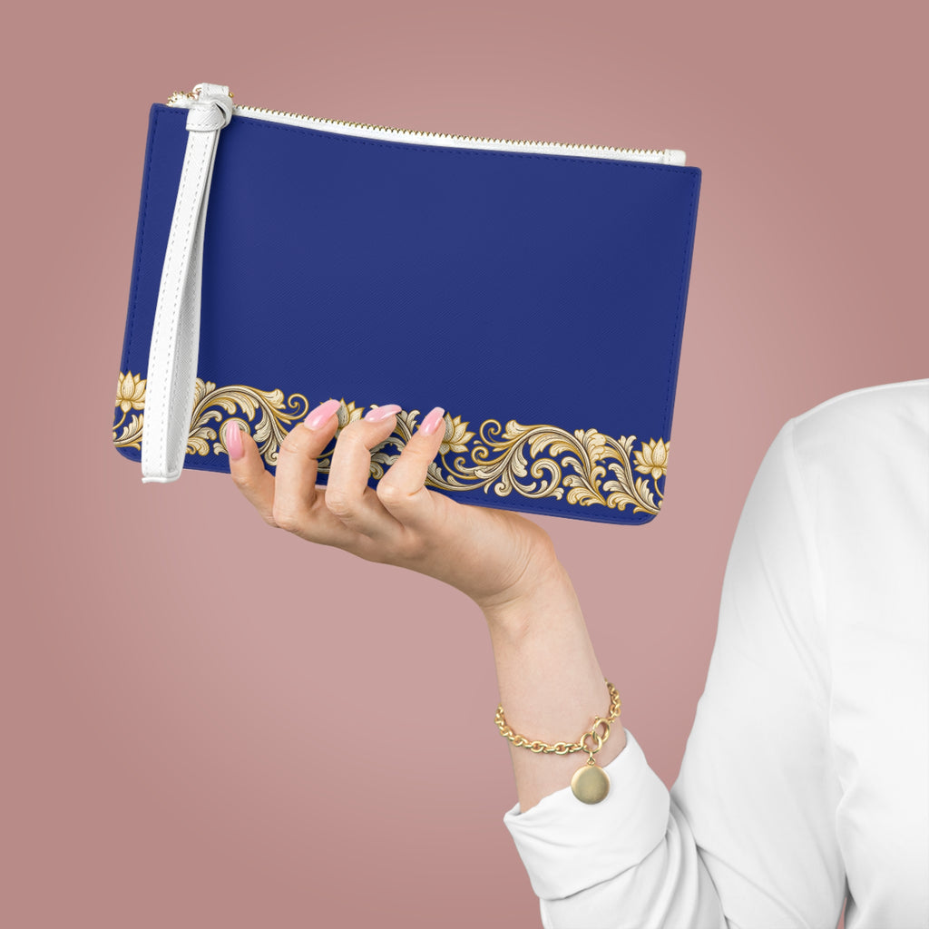Gold Baroque Border Clutch Bag | Navy Floral Scroll Wristlet