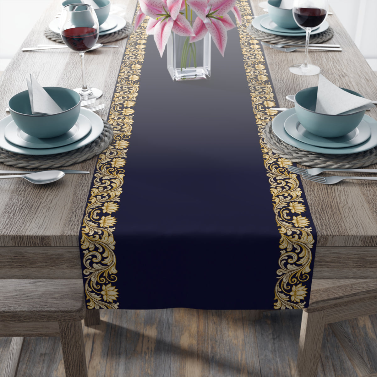 Navy & Gold Baroque Table Runner | Elegant Dining Décor