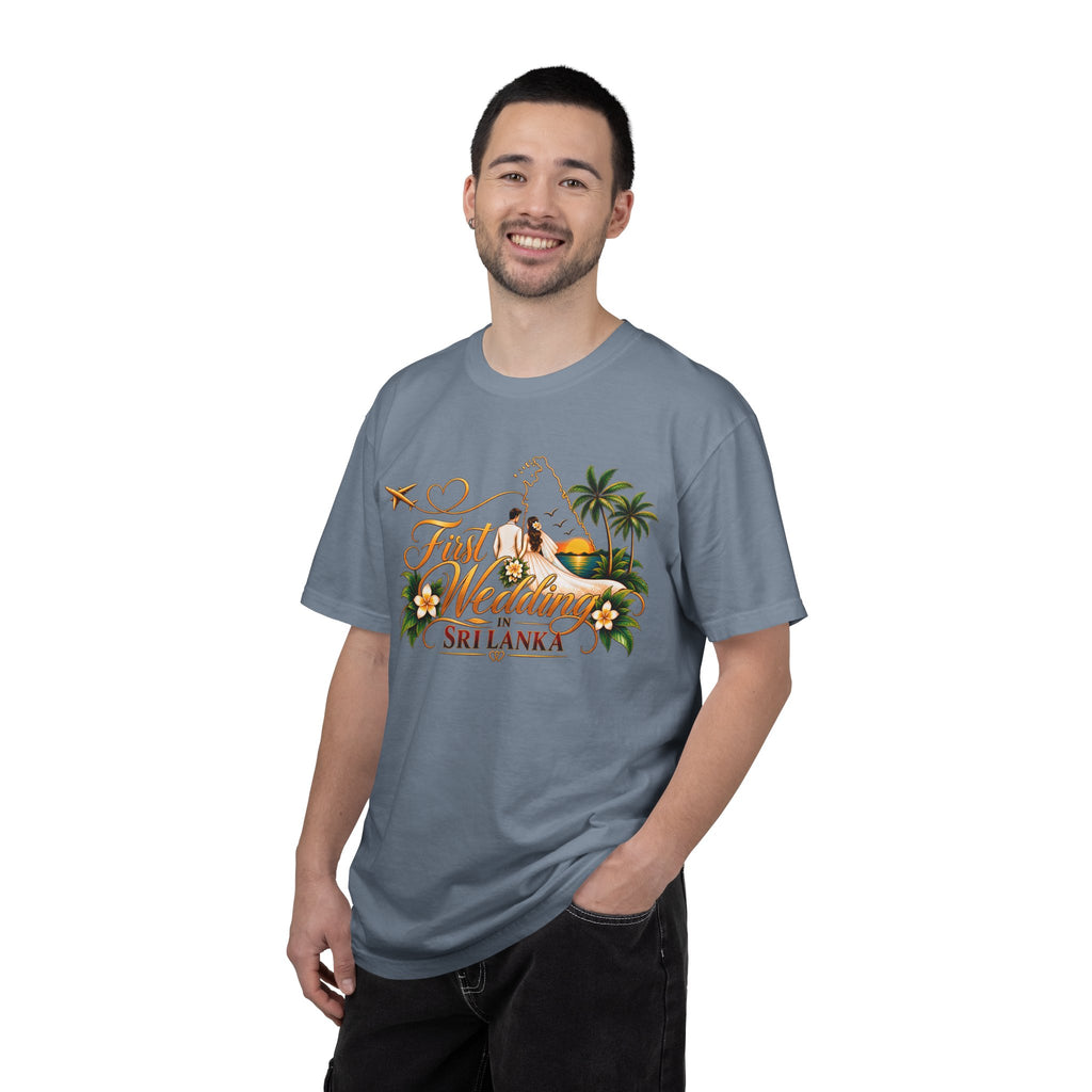 Sri Lanka Destination Wedding T-Shirt — "First Wedding Sri Lanka" Couple Tee (Roshini & Rohan 2026)