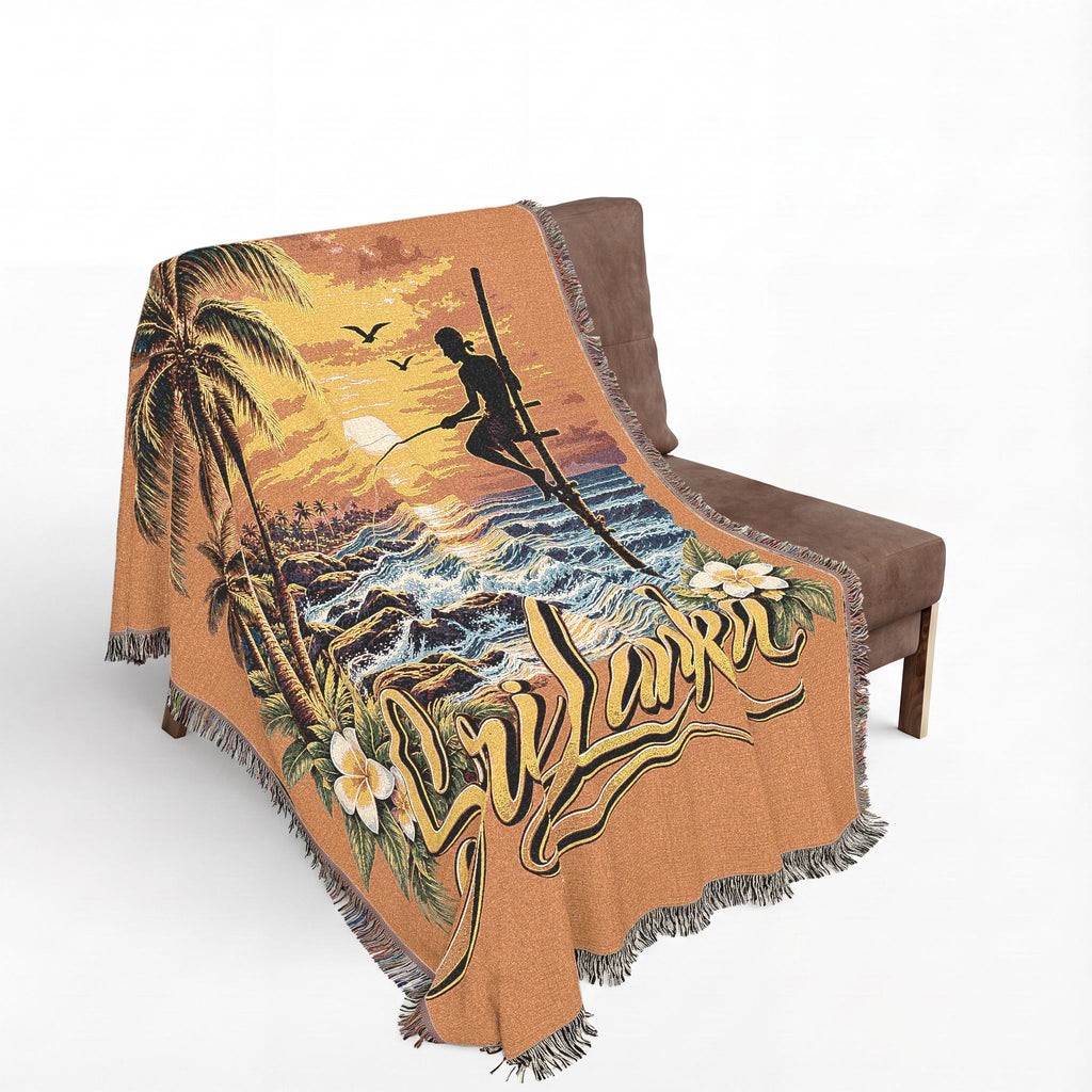 Sri Lanka Woven Cotton Blanket Stilt Fisherman Sunset
