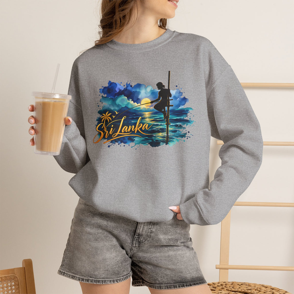 Sri Lanka Surf Crewneck Sweatshirt - Watercolor Stilt Fisherman Graphic