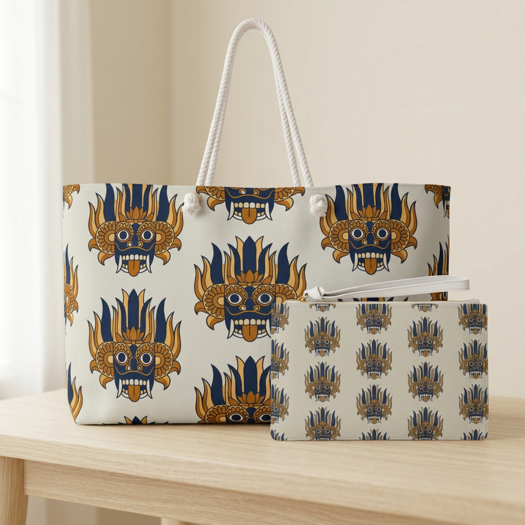 Sri Lankan Raksha Mask Clutch Bag Navy & Gold Wristlet