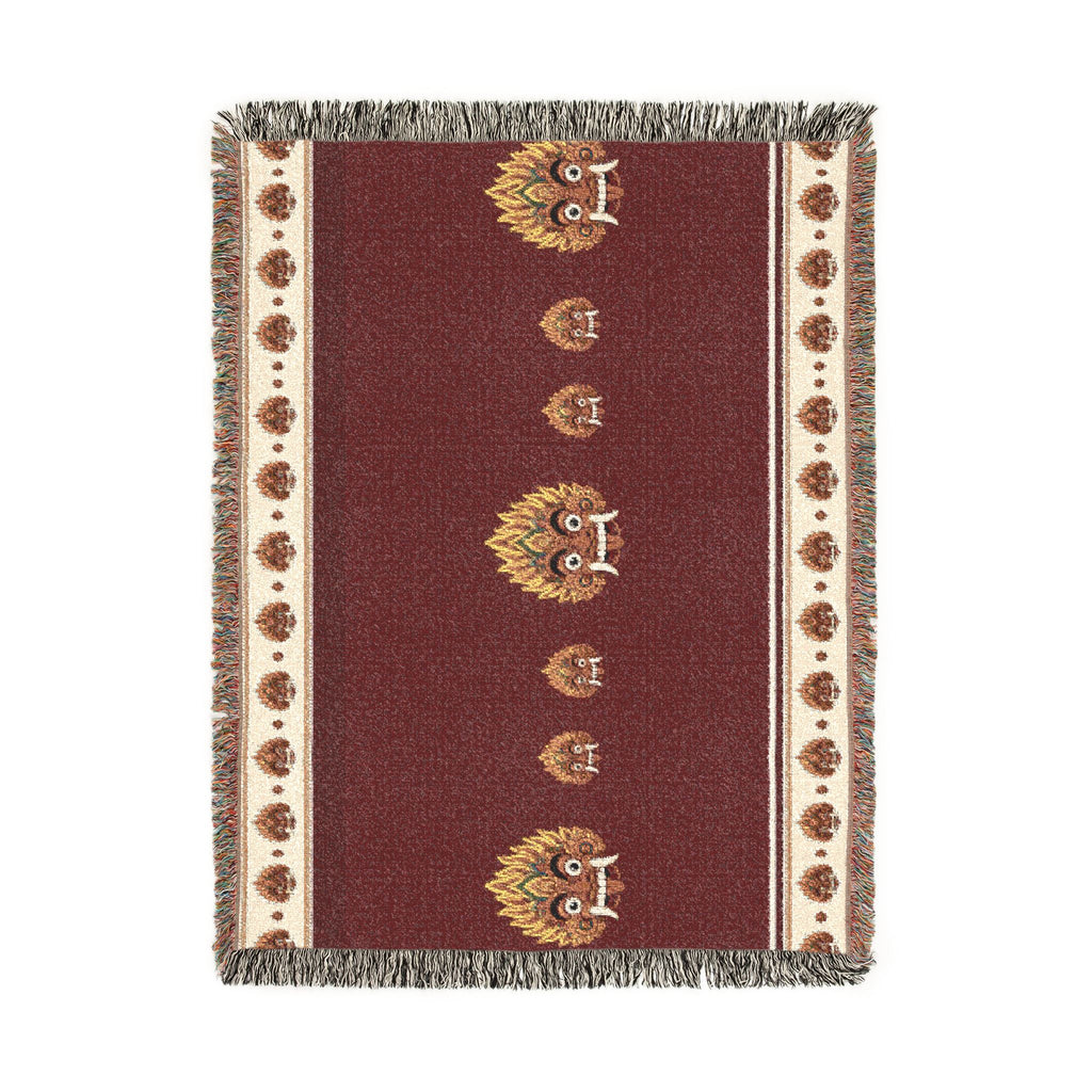 Raksha Mask Woven Throw Blanket Sri Lankan Devil Dance Heritage Fringe Blanket
