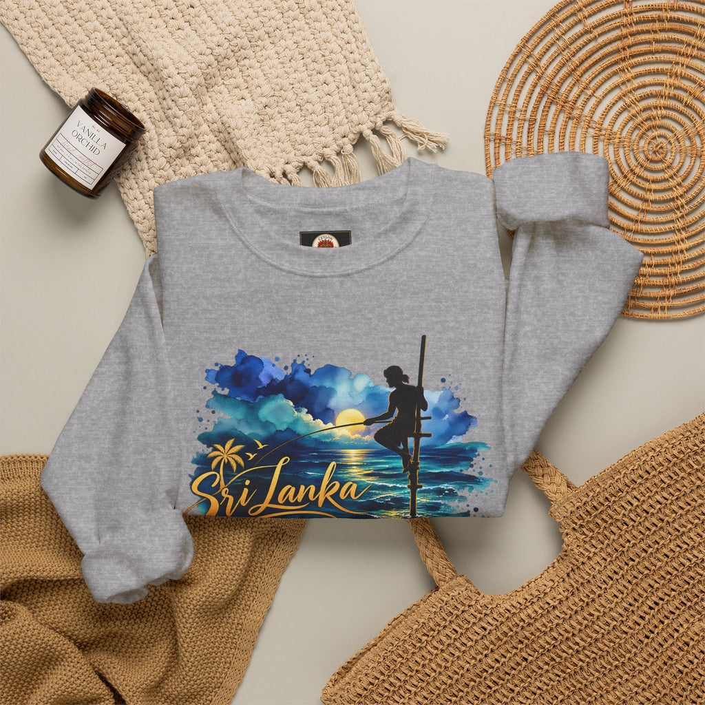 Sri Lanka Surf Crewneck Sweatshirt - Watercolor Stilt Fisherman Graphic
