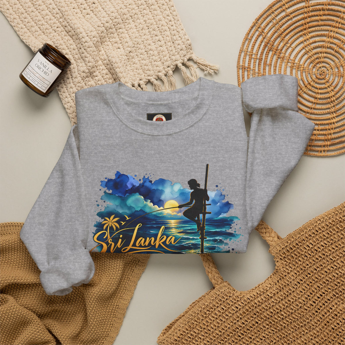 Sri Lanka Surf Crewneck Sweatshirt - Watercolor Stilt Fisherman Graphic