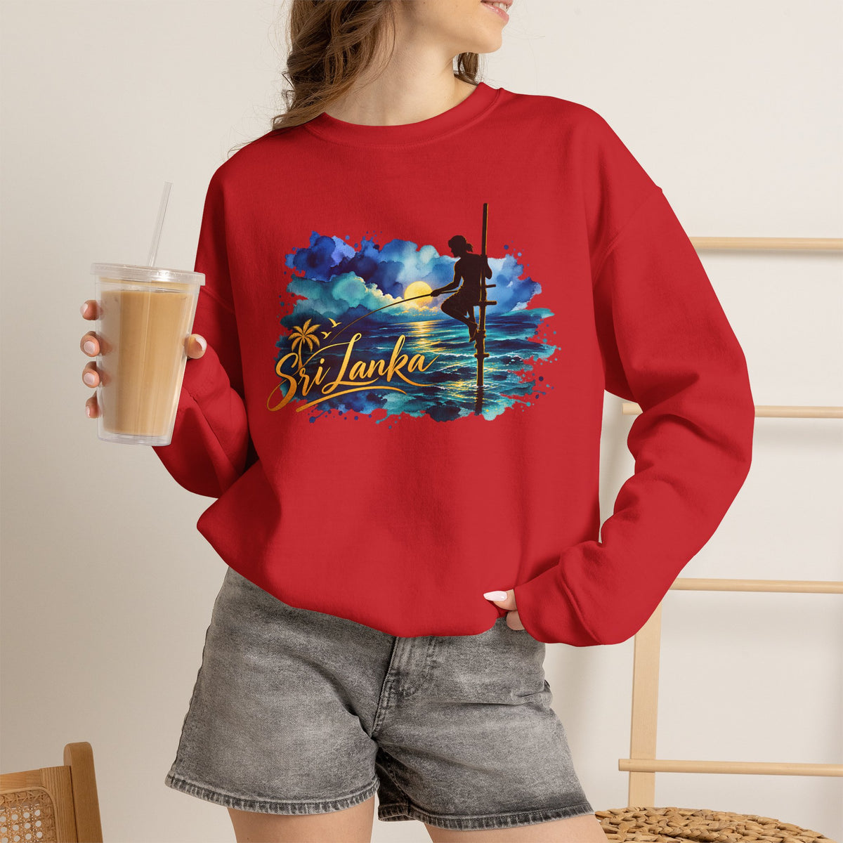 Sri Lanka Surf Crewneck Sweatshirt - Watercolor Stilt Fisherman Graphic