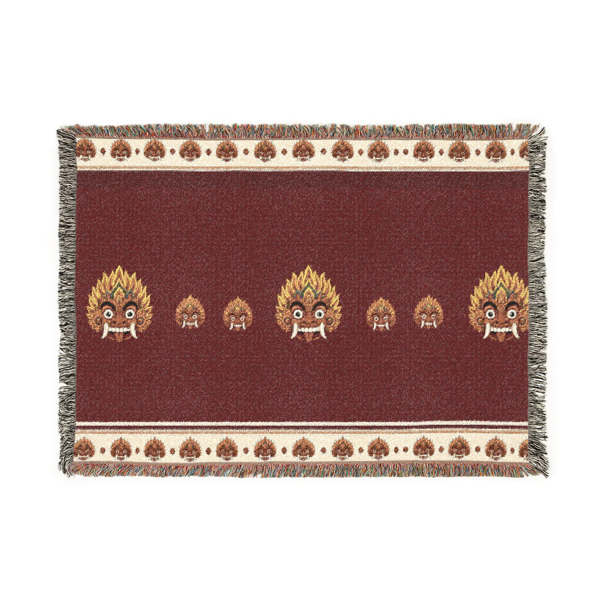 Raksha Mask Woven Throw Blanket Sri Lankan Devil Dance Heritage Fringe Blanket