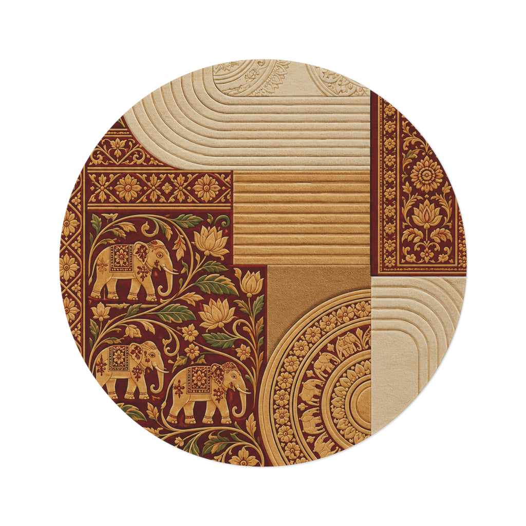 Sri Lankan Elephant & Lotus Round Rug | Heritage Gold
