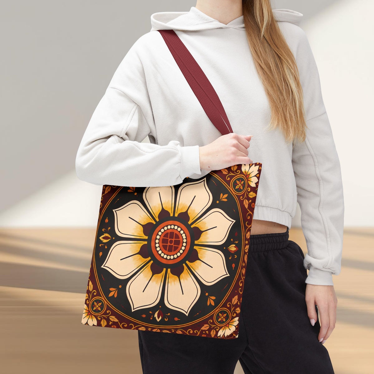 Sri Lankan Floral Tote Bag  Cream & Burgundy Gift Bag