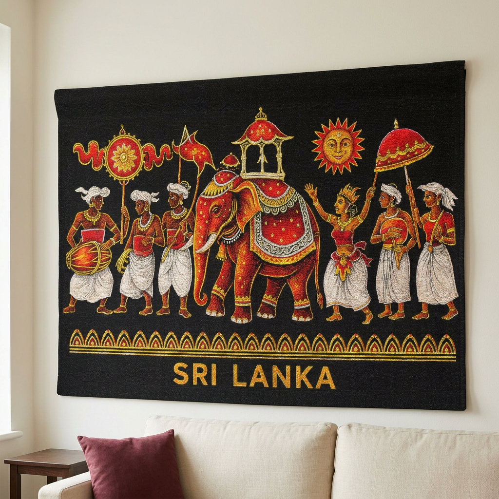 Sri Lanka Perahera Woven Wall Tapestry | Black & Gold Decor