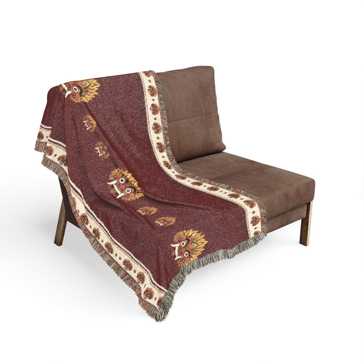 Raksha Mask Woven Throw Blanket Sri Lankan Devil Dance Heritage Fringe Blanket