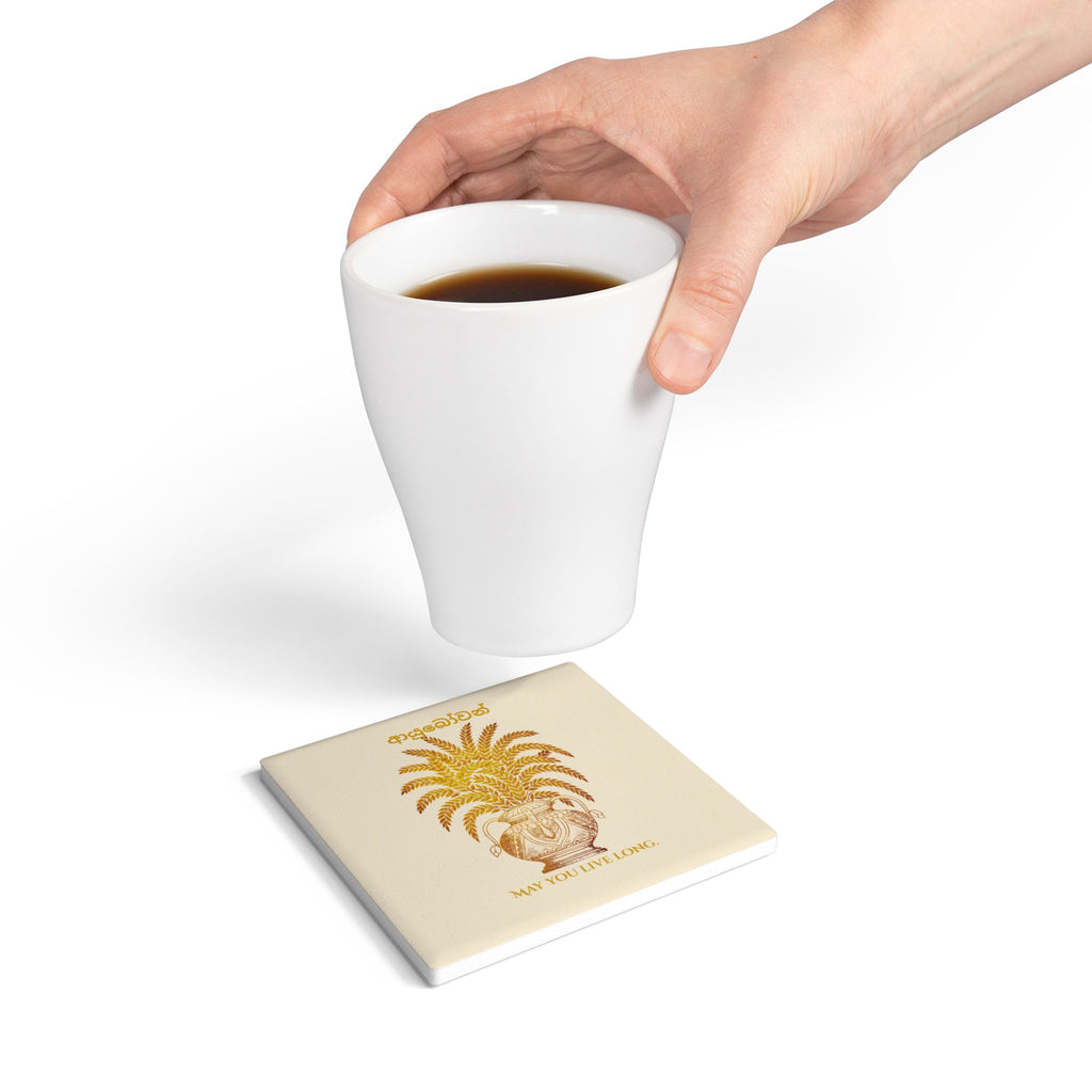 Ayubowan Punkalasa Round Ceramic Coaster Sri Lankan Gold Blessing May You Live Long Drink Coaster
