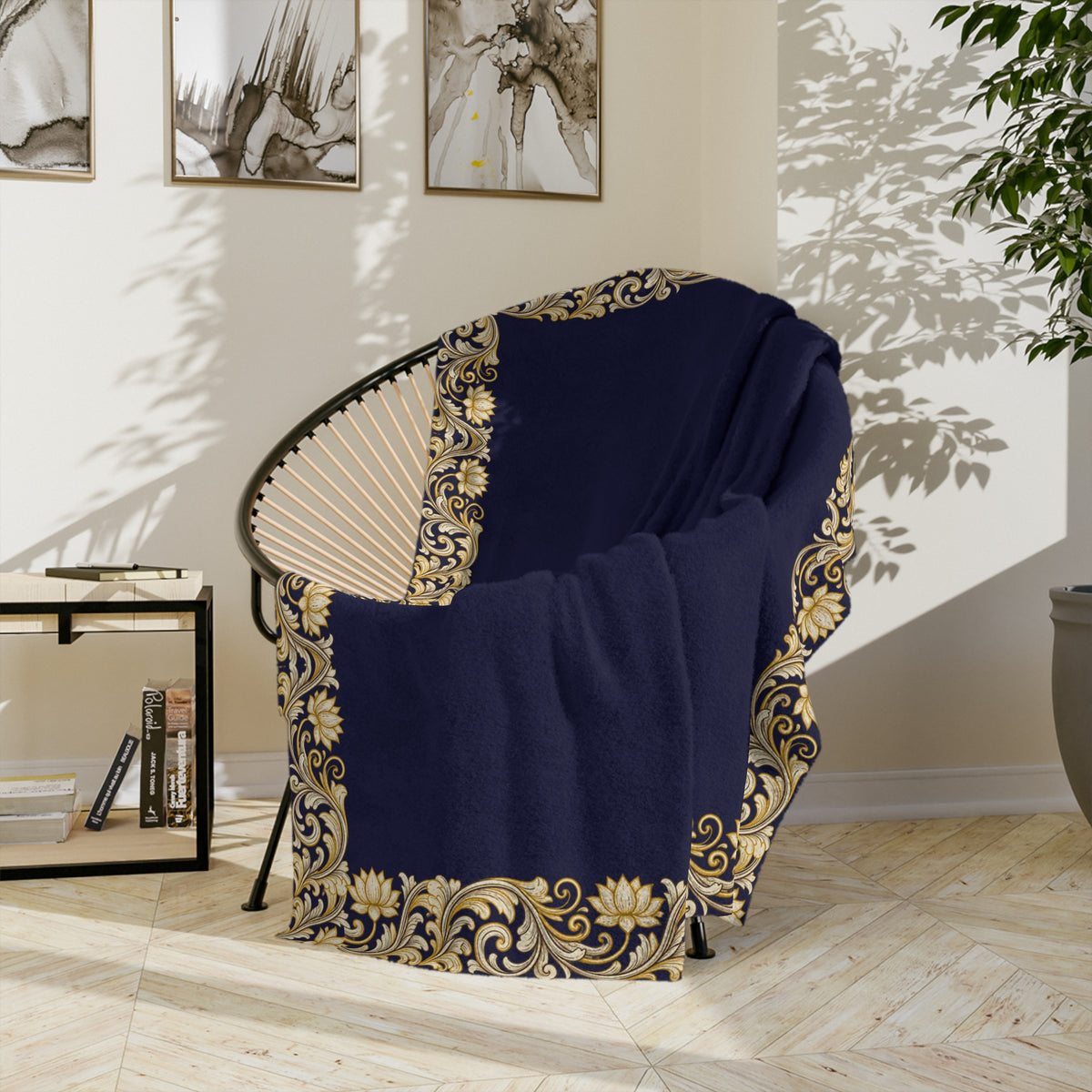 Navy & Gold Ornate Border Velveteen Microfiber Blanket