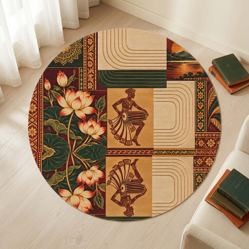 Sri Lankan Lotus & Traditional Drummer Round Rug