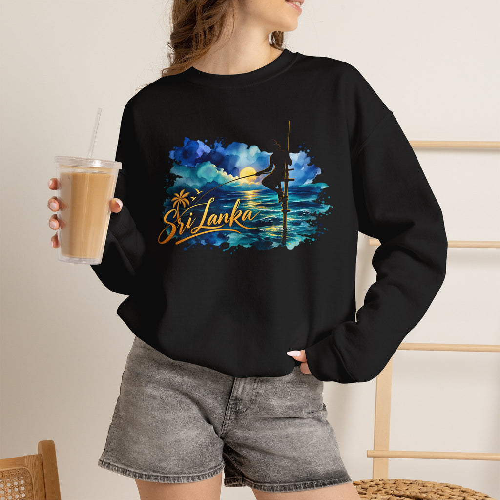 Sri Lanka Surf Crewneck Sweatshirt - Watercolor Stilt Fisherman Graphic