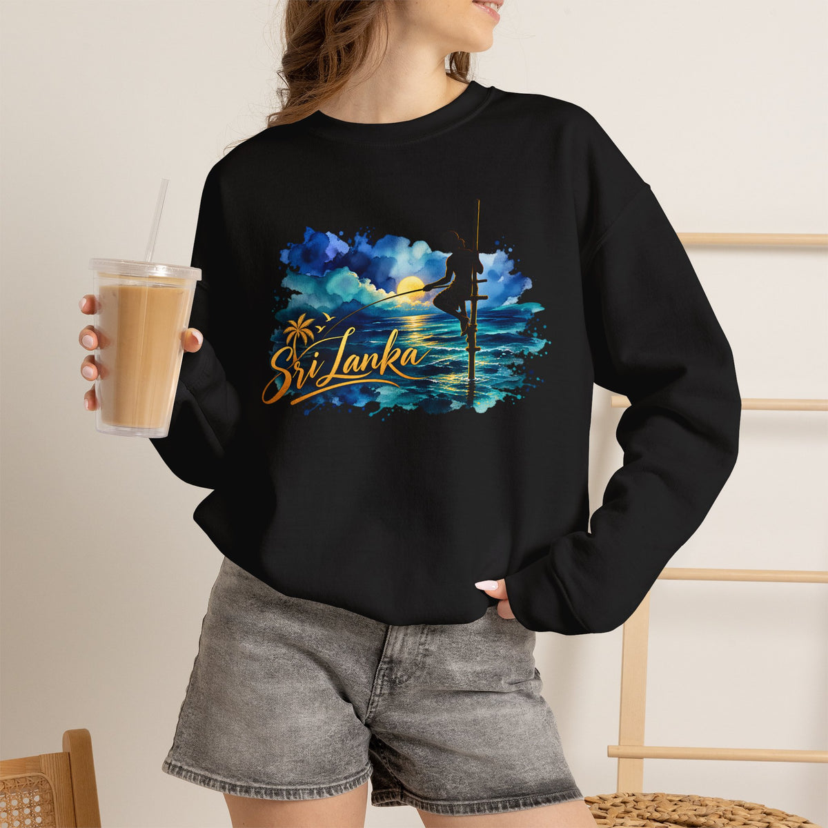 Sri Lanka Surf Crewneck Sweatshirt - Watercolor Stilt Fisherman Graphic