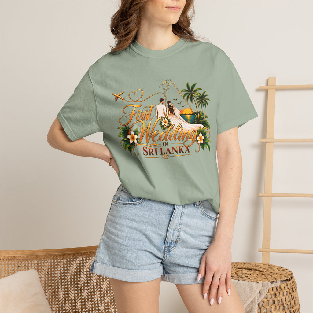Sri Lanka Destination Wedding T-Shirt — "First Wedding Sri Lanka" Couple Tee (Roshini & Rohan 2026)