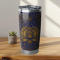 Gold Lotus Mandala Tumbler Royal Blue & Gold Sri Lankan Design | 20oz Stainless Steel Travel Cup | Ceylon Culture Vibes