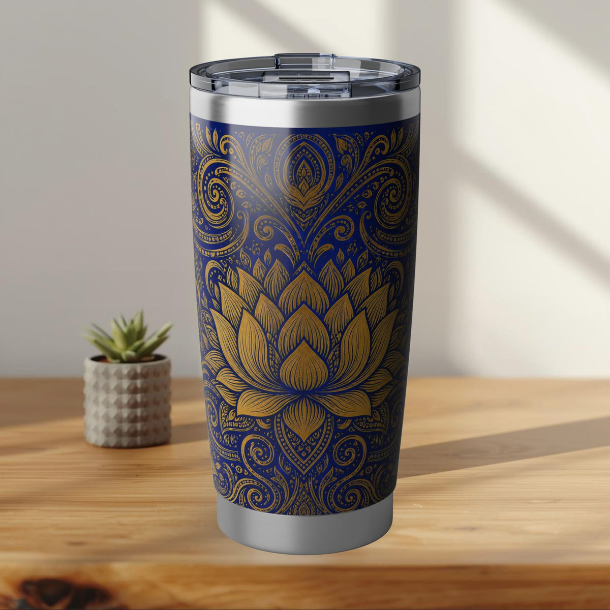 Gold Lotus Mandala Tumbler Royal Blue & Gold Sri Lankan Design | 20oz Stainless Steel Travel Cup | Ceylon Culture Vibes