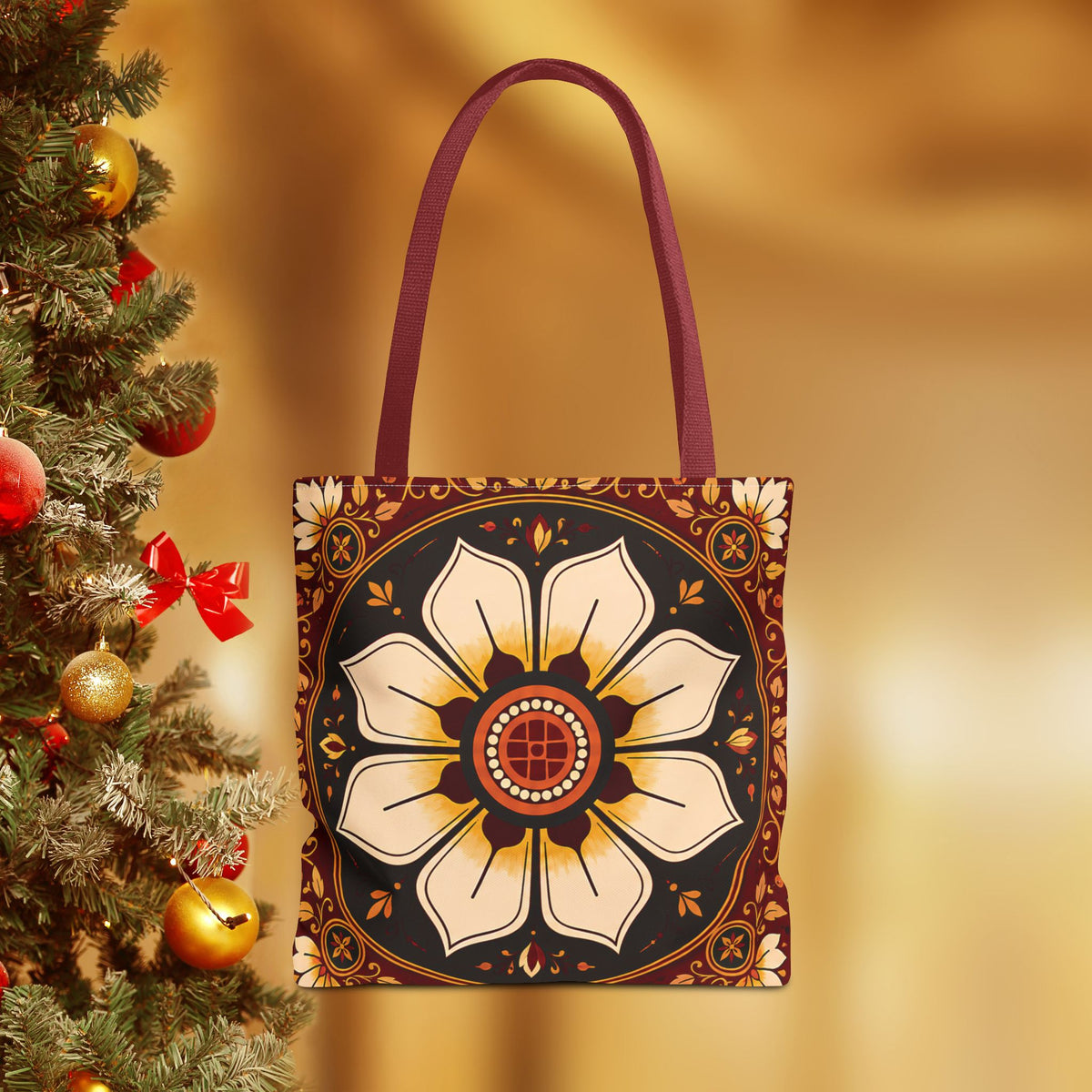 Sri Lankan Floral Tote Bag  Cream & Burgundy Gift Bag