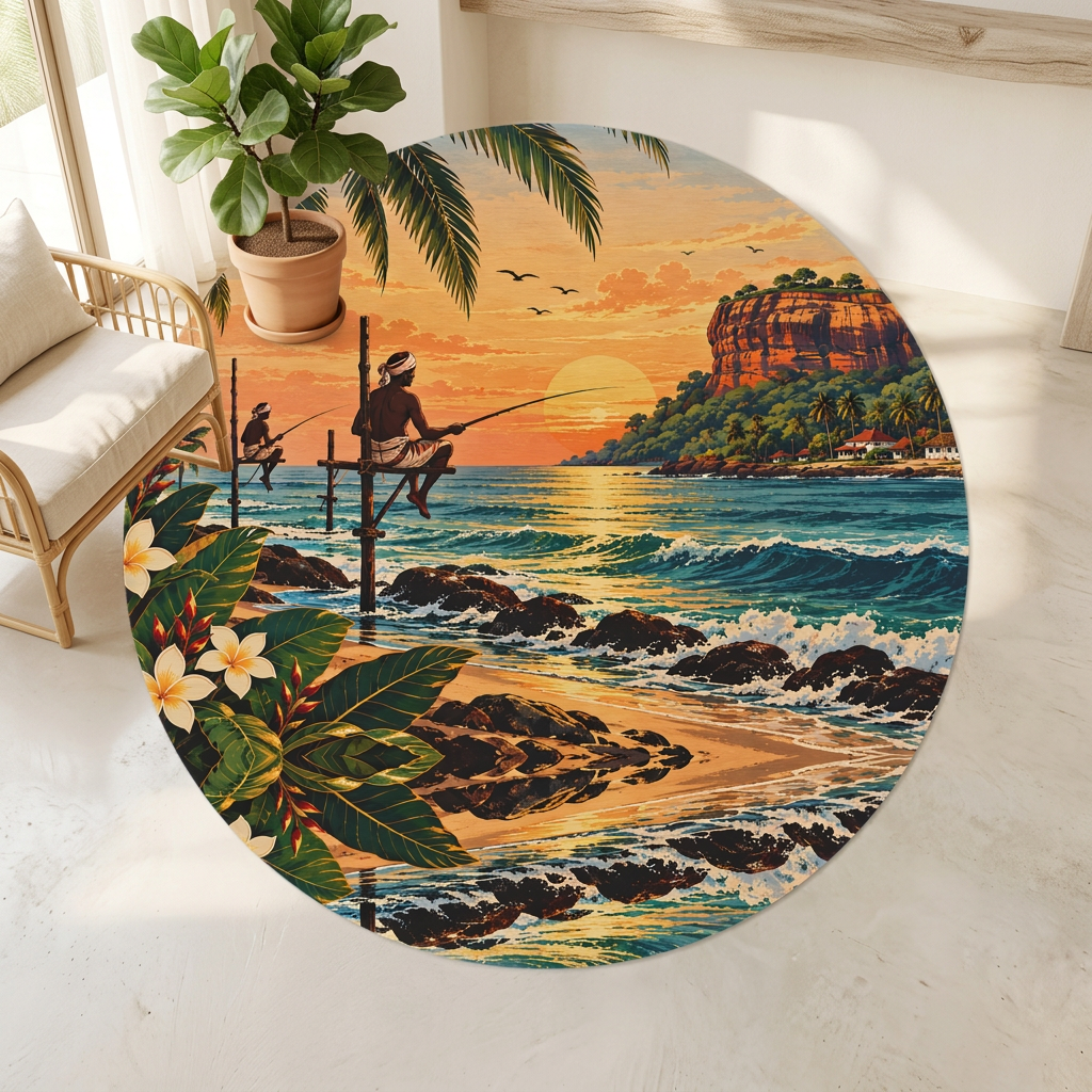 Sri Lanka Sunset Round Rug – Stilt Fisherman