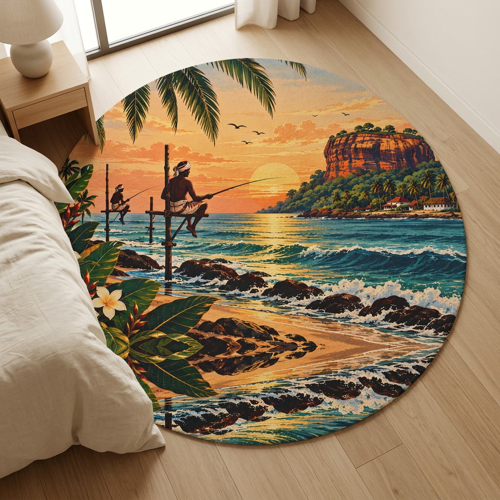 Sri Lanka Sunset Round Rug – Stilt Fisherman