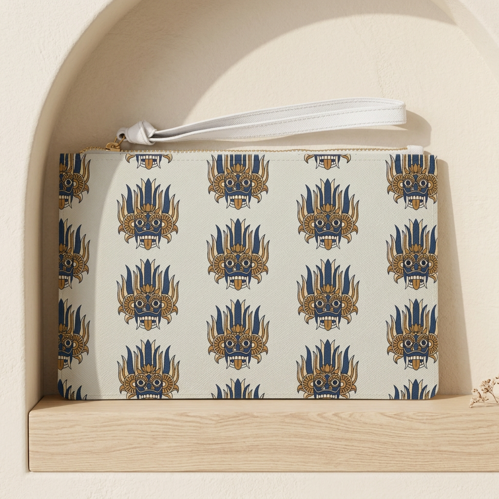 Sri Lankan Raksha Mask Clutch Bag Navy & Gold Wristlet