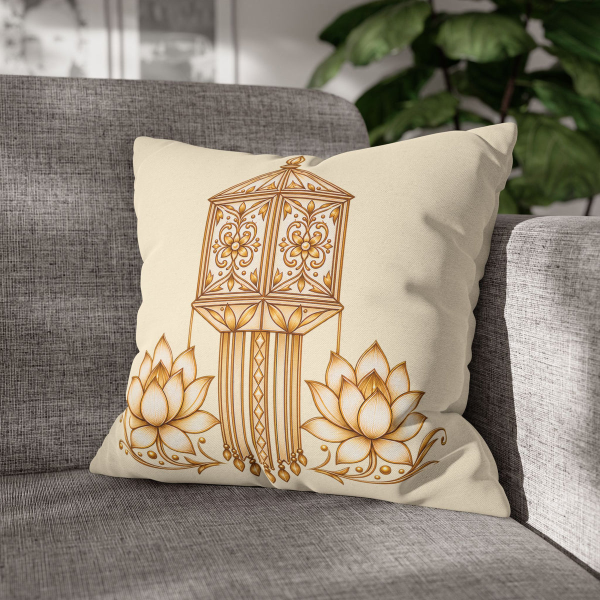 Lotus & Lantern Cushion Cover – Sri Lankan Gift Pillowcase